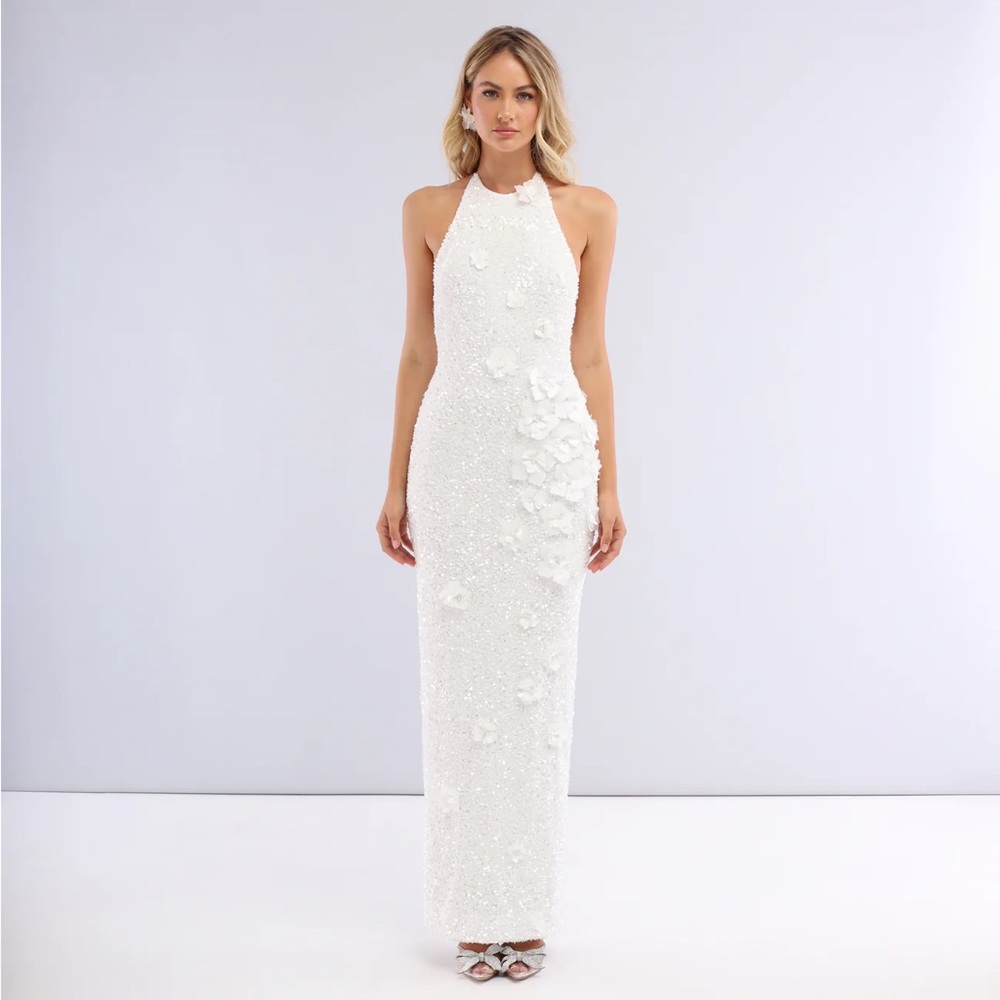 White Halter Maxi Dress with 3D Floral Detail